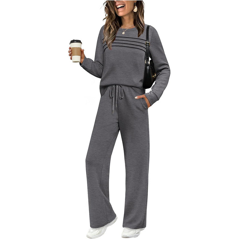 Ensemble haut ras du cou et pantalon à cordon pour femme