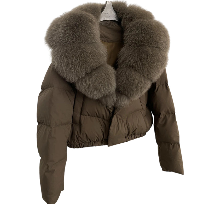 Veste courte tendance pour femme avec col en fourrure chaude (duvet de canard blanc d'Islande)