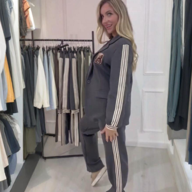 Ensemble 2 pièces blazer et pantalon à rayures latérales tendance