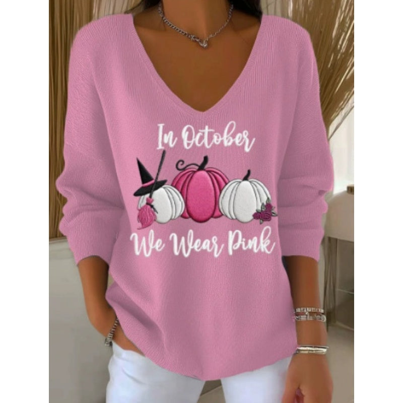 🍁🎃Pull à col en V brodé pour femme pour l'automne✨