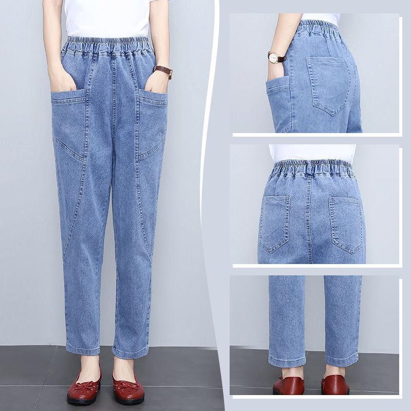 Pantalon droit en jean taille haute élastique pour femme