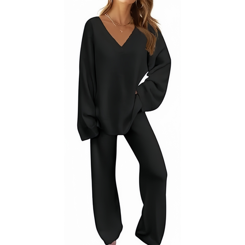 Ensemble pull à col en V et pantalon à manches longues pour femme