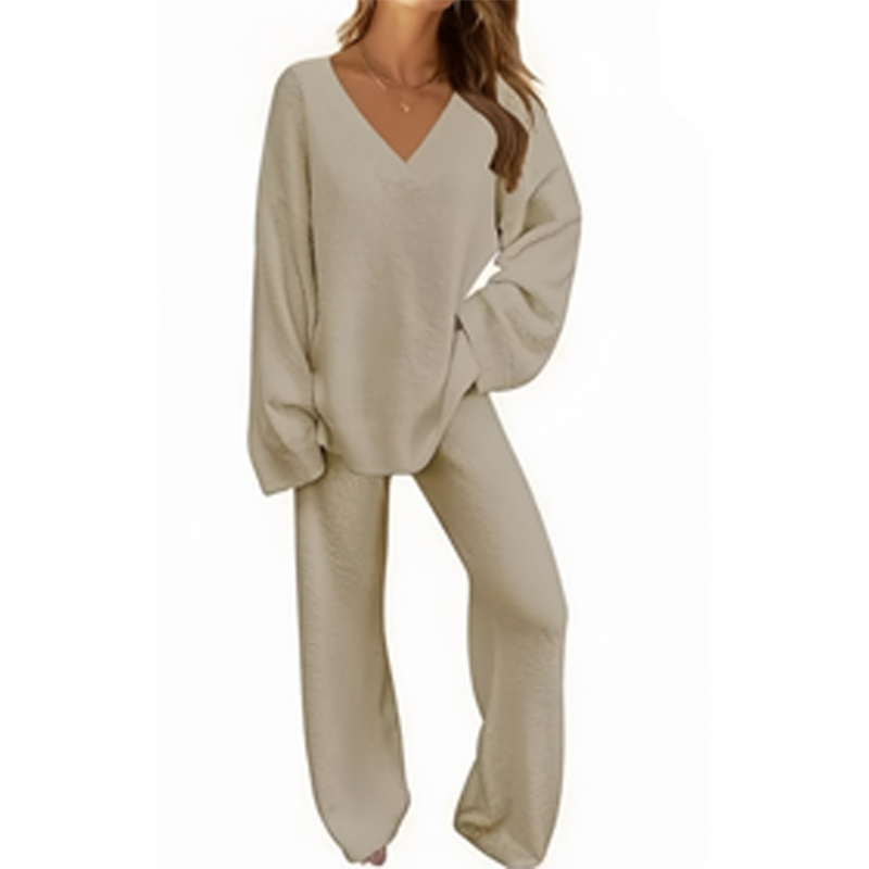 Ensemble pull à col en V et pantalon à manches longues pour femme