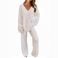 Ensemble pull à col en V et pantalon à manches longues pour femme