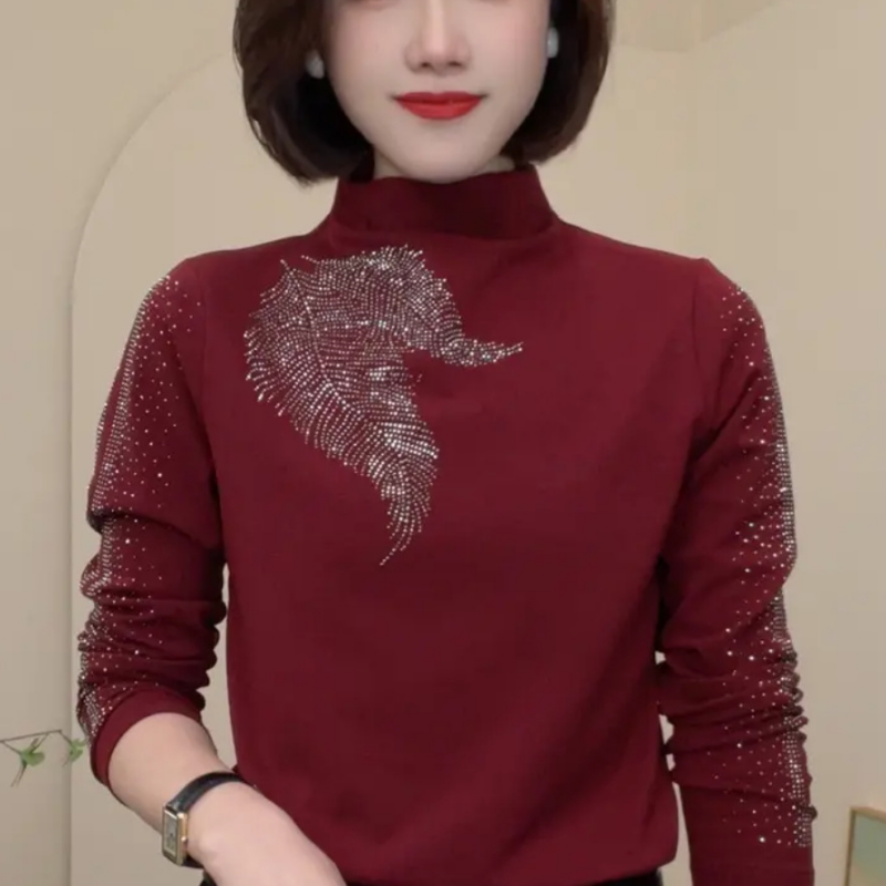 T-shirt à col roulé mi-long et manches longues pour femmes, avec strass