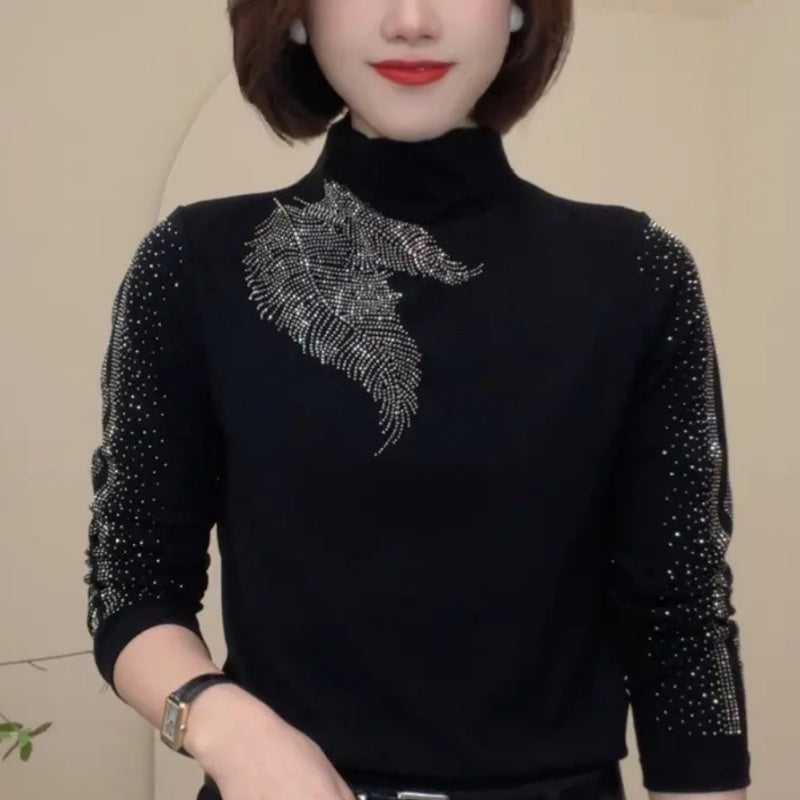T-shirt à col roulé mi-long et manches longues pour femmes, avec strass