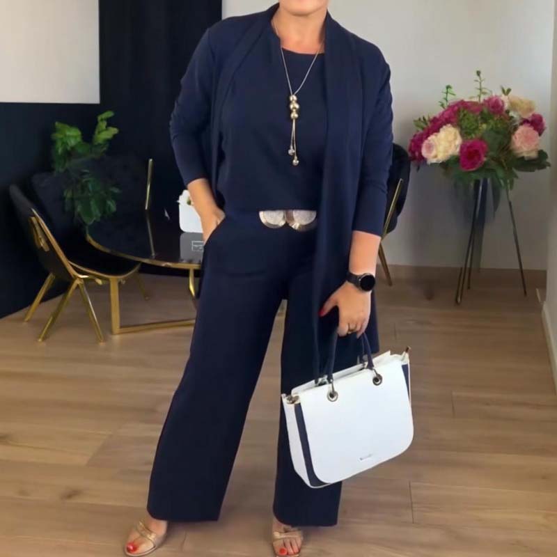 Ensemble Élégant Long Cardigan & Haut & Pantalon 3 Pièces