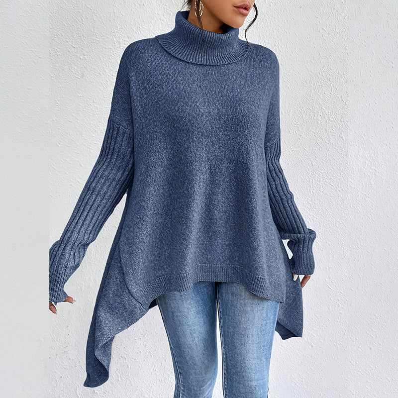 💖Pull femme tendance de couleur unie avec épaules tombantes, col montant et grosse maille