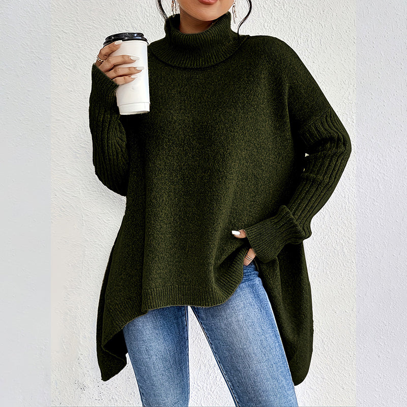 💖Pull femme tendance de couleur unie avec épaules tombantes, col montant et grosse maille