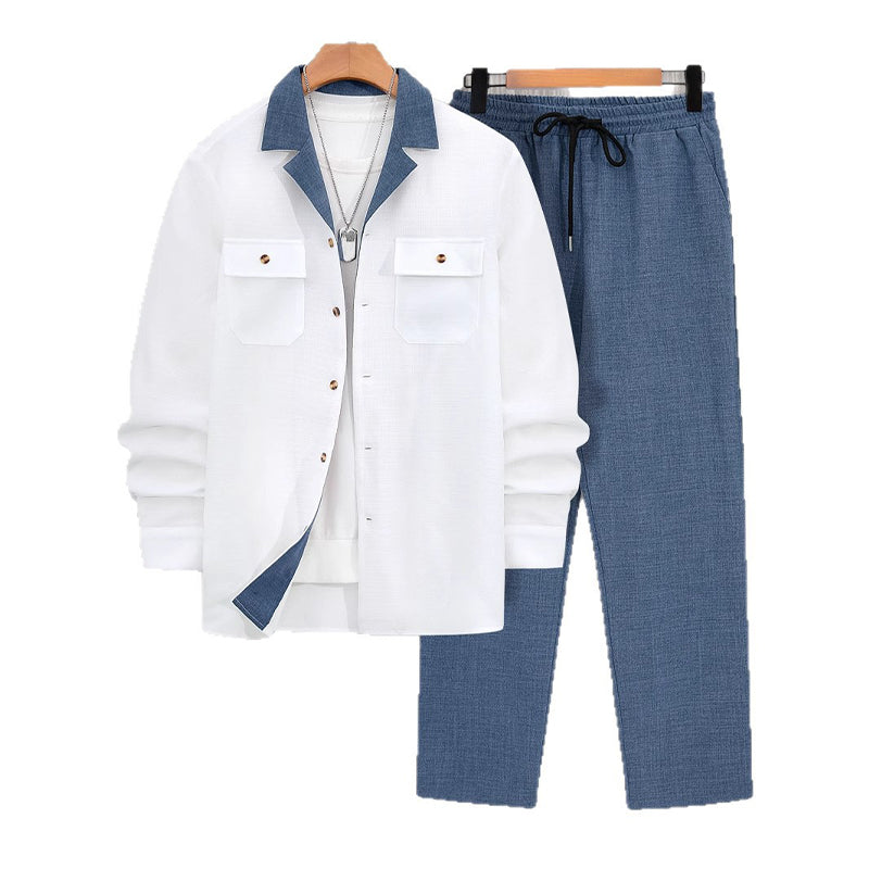 Chemise pour homme à manches longues et revers ＆ Pantalon Ensemble 2 pièces