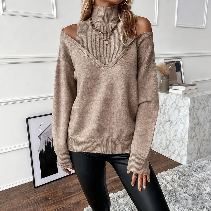 Pull féminin audacieux en laine, à col montant et épaules dénudées