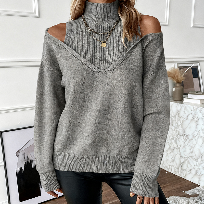 Pull féminin audacieux en laine, à col montant et épaules dénudées