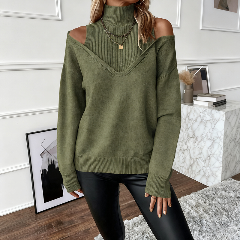 Pull féminin audacieux en laine, à col montant et épaules dénudées