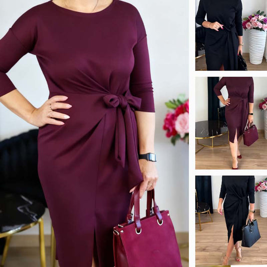 Robe midi élégante à fente et nœud sur le devant pour femme