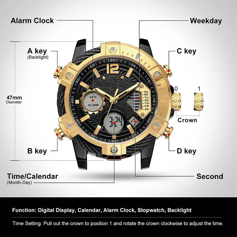 ⌚Montre de sport à quartz multifonctionnelle à double affichage pour homme, étanche à 3 ATM