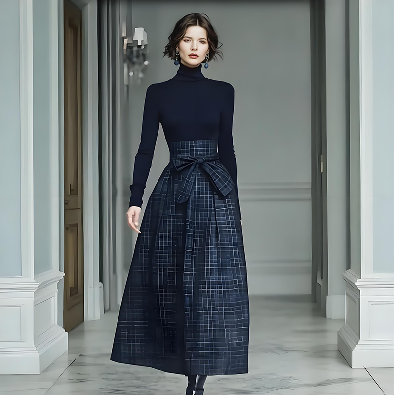 Robe longue à carreaux, manches longues et taille haute pour femme