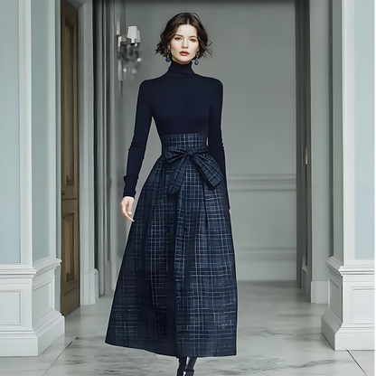 Robe longue à carreaux, manches longues et taille haute pour femme