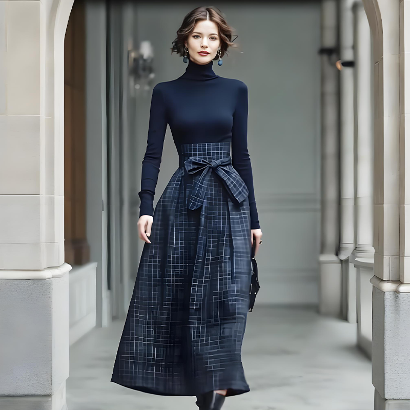 Robe longue à carreaux, manches longues et taille haute pour femme