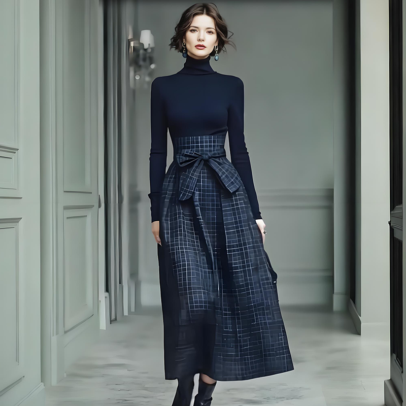 Robe longue à carreaux, manches longues et taille haute pour femme