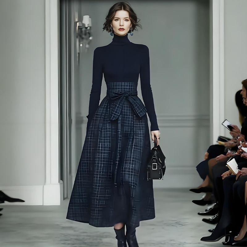 Robe longue à carreaux, manches longues et taille haute pour femme