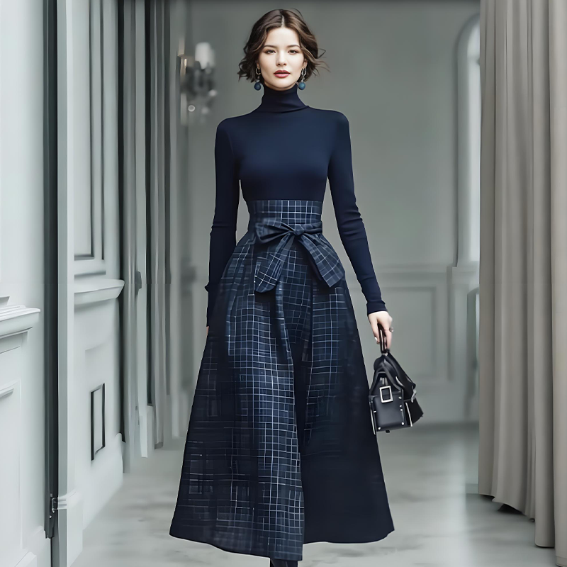 Robe longue à carreaux, manches longues et taille haute pour femme