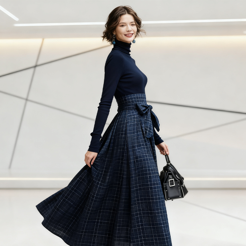 Robe longue à carreaux, manches longues et taille haute pour femme