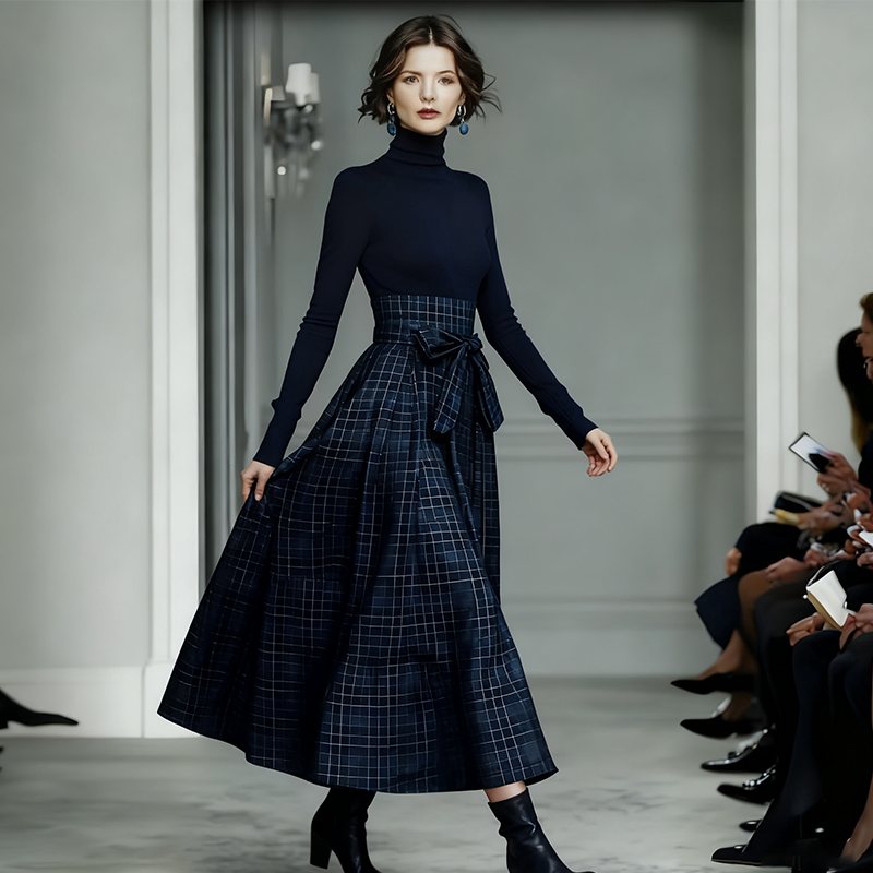 Robe longue à carreaux, manches longues et taille haute pour femme