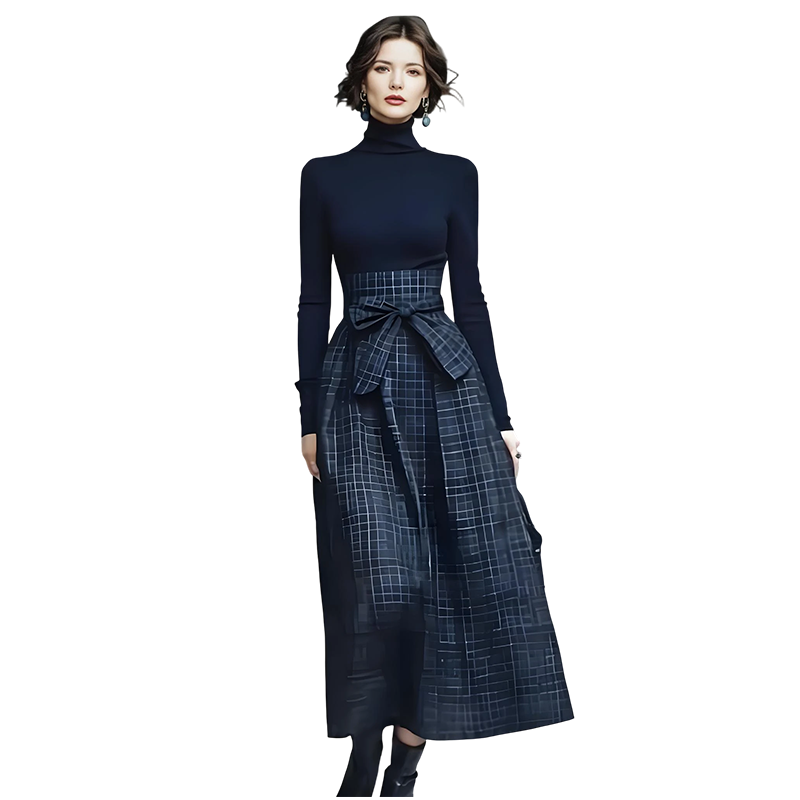 Robe longue à carreaux, manches longues et taille haute pour femme