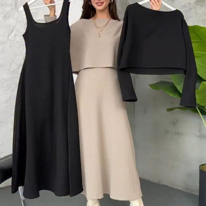 🔥Nouveautés🔥Ensemble 2 pièces tricoté pour femme avec robe mi-longue et haut court