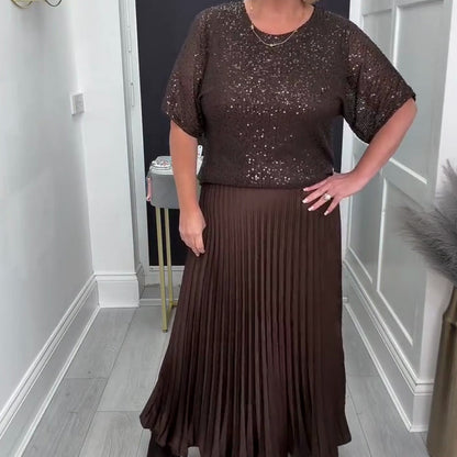 Ensemble haut à paillettes et jupe plissée pour femme