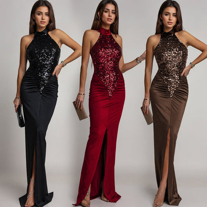 Magnifique robe bustier avec fente et paillettes pour femmes