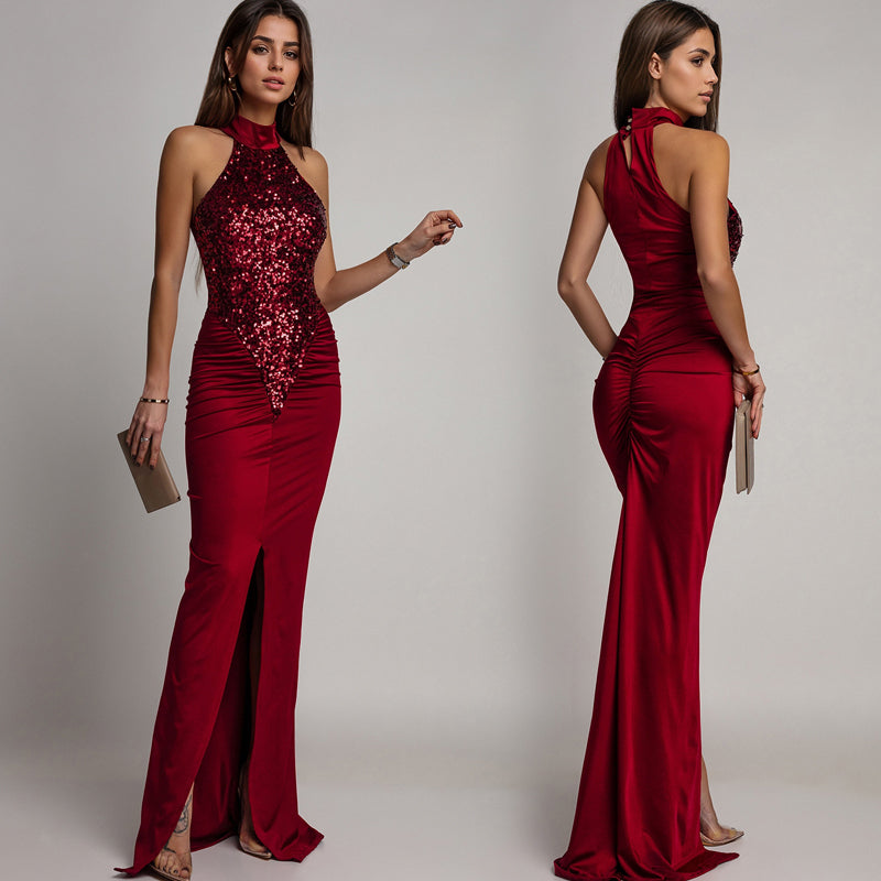 Magnifique robe bustier avec fente et paillettes pour femmes