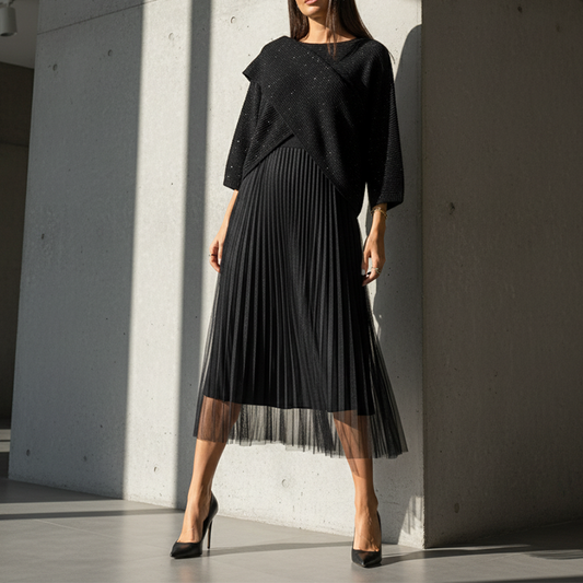 ✨Ensemble top scintillant et jupe midi sans manches pour femme