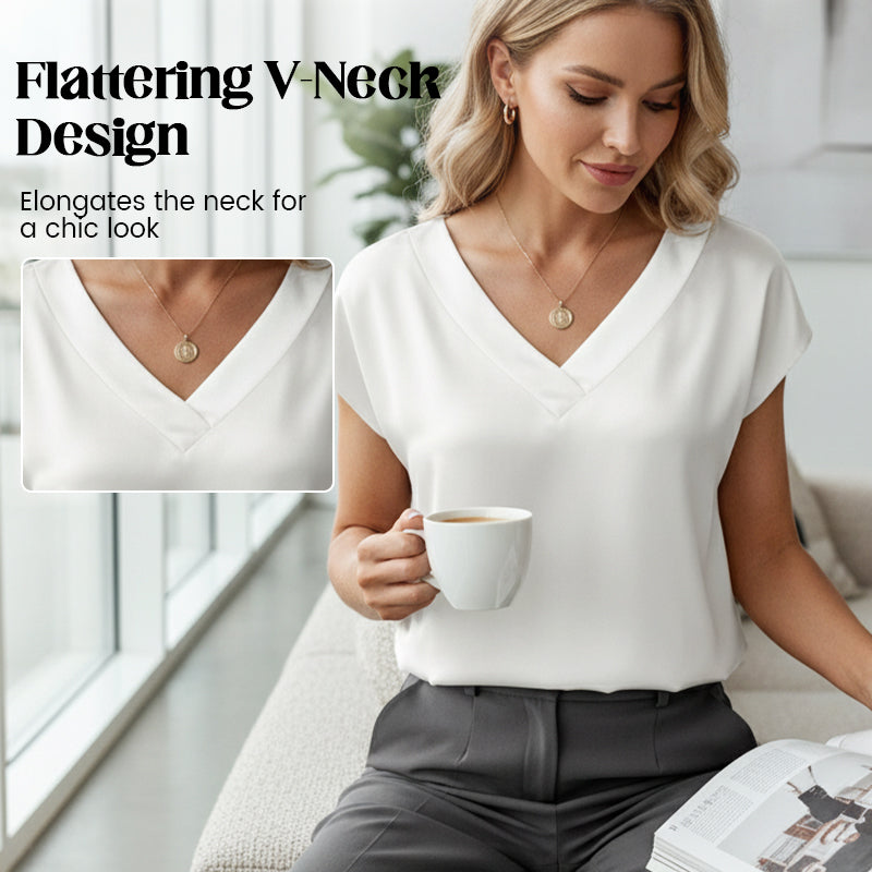Blouse à manches courtes et col en V en satin pour femme