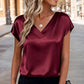 Blouse à manches courtes et col en V en satin pour femme