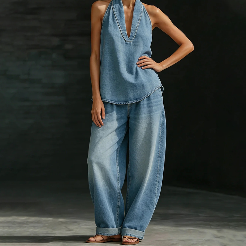 👖Offres exceptionnelles⚡️Ensemble haut dos nu et pantalon large décontracté pour femme
