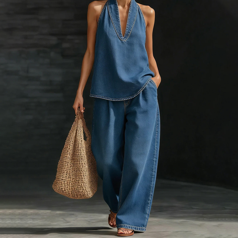 👖Offres exceptionnelles⚡️Ensemble haut dos nu et pantalon large décontracté pour femme