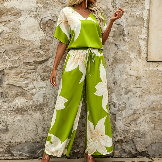 🎨Ensemble femme : haut à imprimé floral et pantalon large 🌸L'élégance estivale en toute simplicité