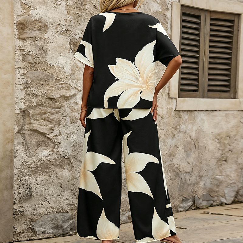 🎨Ensemble femme : haut à imprimé floral et pantalon large 🌸L'élégance estivale en toute simplicité