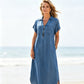 Robe longue en jean à col en V et fermeture éclair pour femme