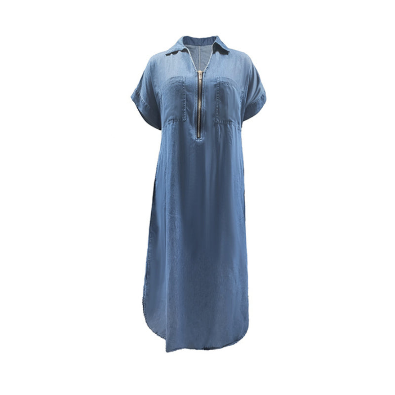 Robe longue en jean à col en V et fermeture éclair pour femme