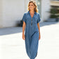 Robe longue en jean à col en V et fermeture éclair pour femme