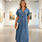 Robe longue en jean à col en V et fermeture éclair pour femme