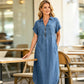 Robe longue en jean à col en V et fermeture éclair pour femme