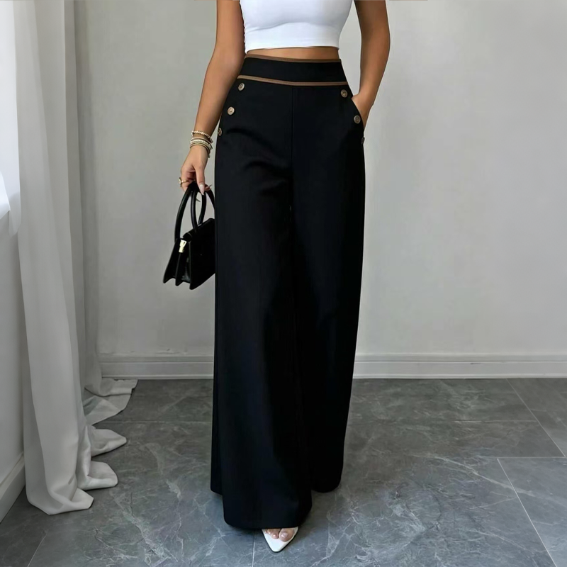 Pantalon large taille haute pour femme avec bordures contrastées