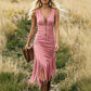 Robe moulante sans manches à pompons style western rétro