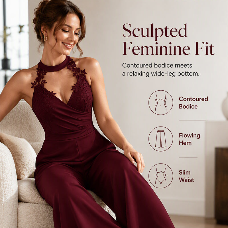 Combinaison élégante pour femme, à encolure dos nu, en dentelle plissée et à jambes larges