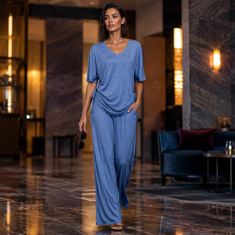 Ensemble décontracté pour femme : haut à col V et pantalon large