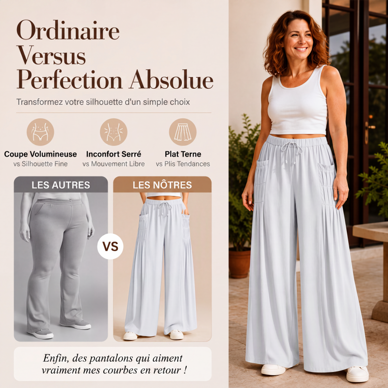 Pantalon large femme en coton et lin