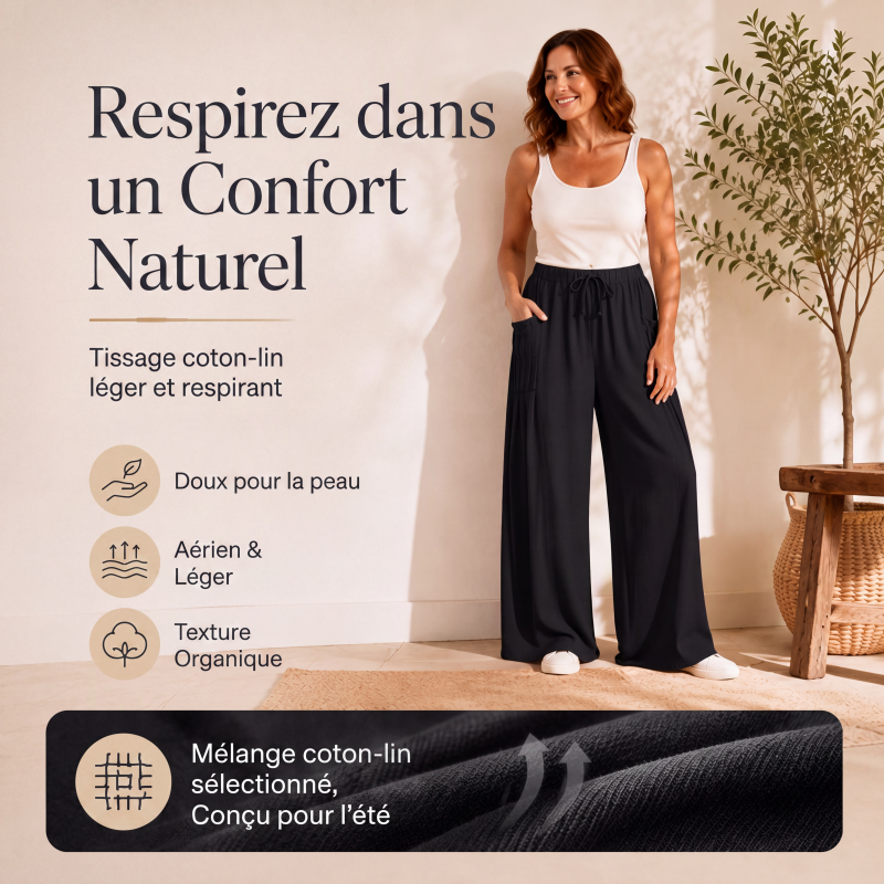 Pantalon large femme en coton et lin